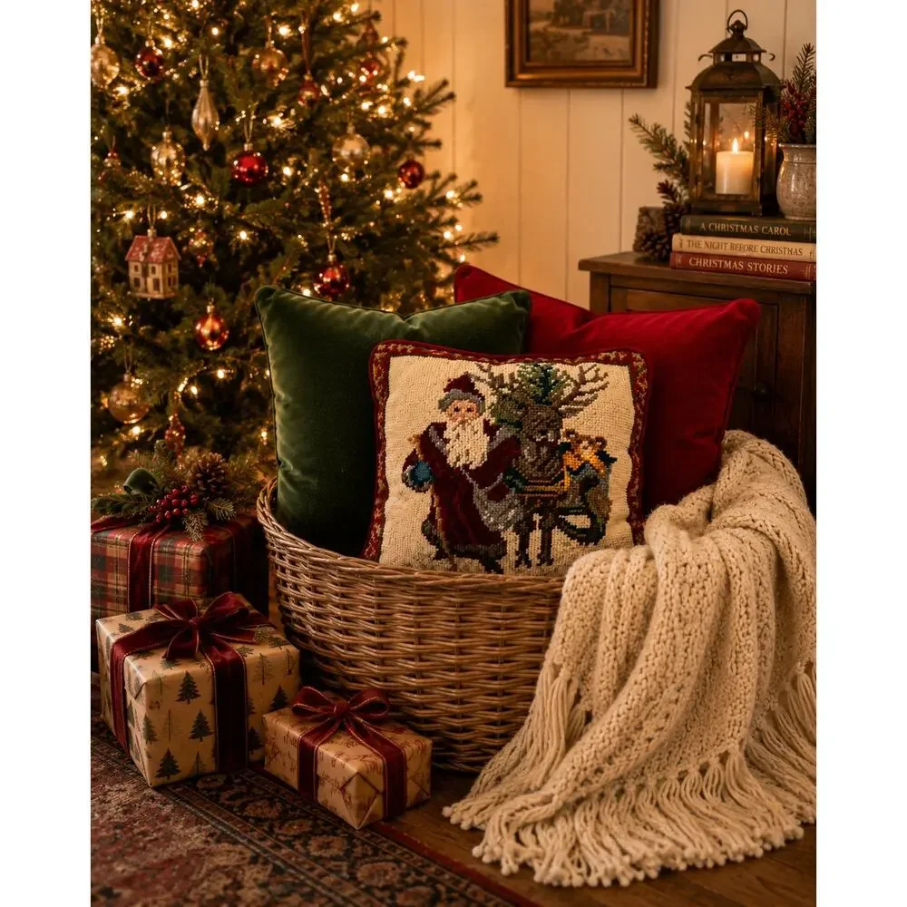 Vintage Christmas Accent Needlepoint Santa & Reindeer Pillow Red Velvet 9x9